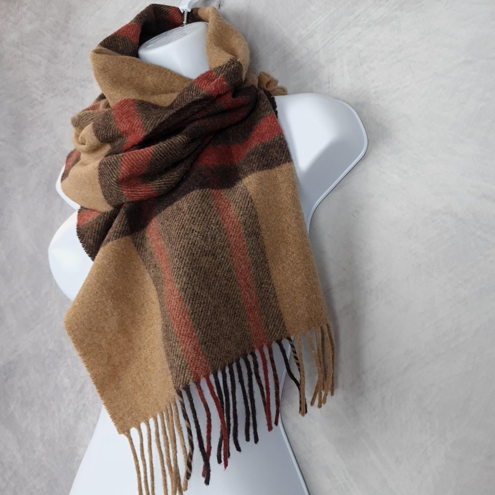 L.L.Bean Scarf Womens One Size Beige Plaid Lambswool Fringe Made In Ireland